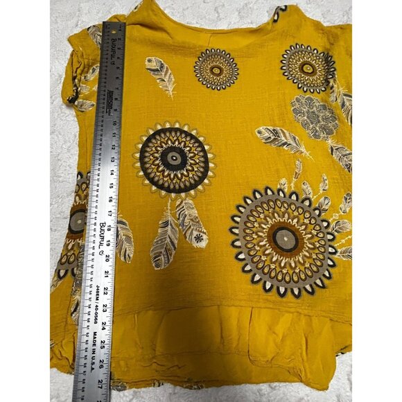 Made in Italy Women's Yellow Dream Catcher Print Short Dolman Sleeve Hi-Low Top - Picture 4 of 7